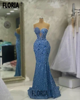 Elegantiškas Didelių Perlų Karoliukus, Mermaid Vakarinę Suknelę Kristalų Brangioji Grindų Ilgis Prom Dress Blue Oficialų Įžymybė Chalatas De Soiree