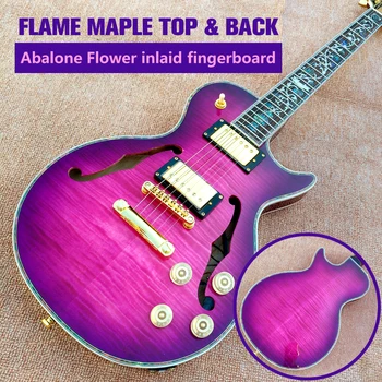 2023 Elektrinė gitara, Abalone gėlių inkrustacijos raudonmedžio fingerboard, Flame maple top & atgal, du kartus išgaubto paviršiaus, 2 F skyles