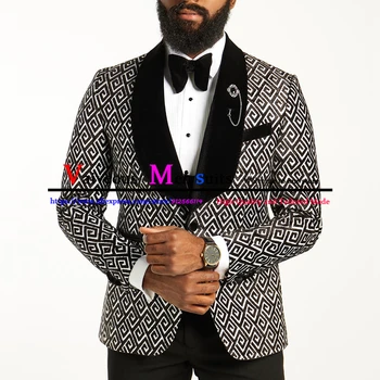 Naujausios Konstrukcijos Balta/Juoda Labirintas Pledas Švarkas Rinkiniai Prabangių Vyrų Vestuvių Kostiumai Jaunikis Slim Fit Mens Kostiumas 3 Gabalas Afrikos Vyras Kostiumas
