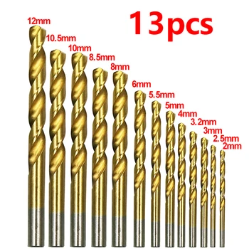 13Pcs Padengtas Titano greitapjovio Plieno HSS Gręžimo karūnos Nustatyti Įrankis 2mm 2,5 mm, 3mm 3.2 mm 4 mm 5 mm 5.5 mm 6 mm 8mm 8.5 mm, 10 mm 10,5 mm 12mm