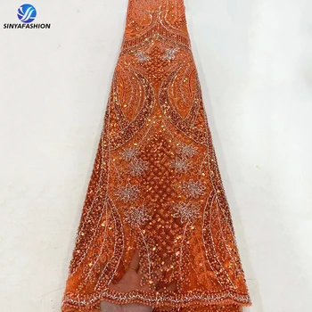 Sinya Mados Orange prancūzijos Akių Tiulio Vestuvių Suknelė Nėrinių Aukštos Kokybės Afrikos Prabangos Sunkiųjų 3D Blizgučiai Ranka Puošnios Nėrinių Audinys