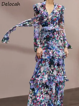 Delocah Aukštos Kokybės Pavasarį Moterys Mados Dizaineris Maxi Suknelė-Skara Apykaklės Pakopų Ruffles Hem Aukštos Juosmens Gėlių Spausdinti Suknelės