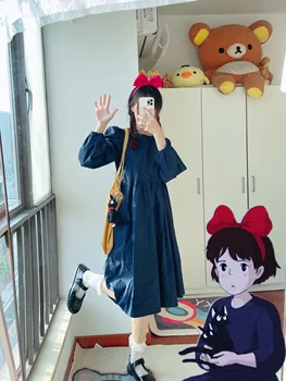 Anime Kiki 's Delivery Service Cosplay Mėlyna Suknelė Cute Girl Moterų Kostiumas su Headbow ir JIJI 