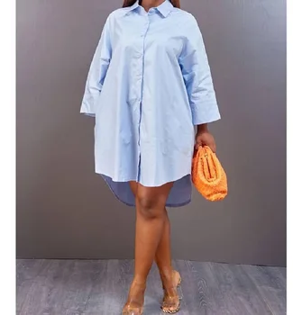 TSXT 2021 Naują Afrikos Stiliaus Moteris Kieto 4-spalvų Laisvi Marškinėliai Suknelė Atsitiktinis Vieno Krūtinėmis Įpjovomis ilgomis Rankovėmis Didelio Dydžio Suknelės