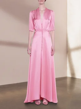 Premium Pink Dress Satino Šviesos Prabanga Mažai Dovana Suknelė Slim Fit Elegantiškas Įžymybė V-Kaklo Ilga Suknelė Nereguliarus Sijonas Mergaitei