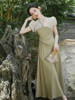 Kinų Stiliaus Suknelė Moterų Vasaros Derliaus Cheongsam Stora Juosmens Slydimo Suknelė 2023 mados moteriški Drabužiai