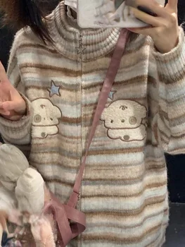 Y2k Estetinės Japonijos Megztiniai Megztinis Kawaii Šuo Siuvinėjimo Harajuku Cardigan Femme Dryžuotas Preppy Rudenį Užtrauktukas Cardigany Womens