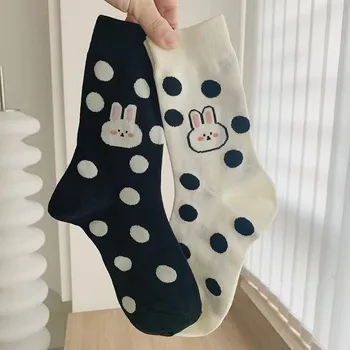 Korėjos vasarą kojinės vyrų ir moterų vidutinio kojinės polka dot animacinių filmų triušis kojinės juodos ir baltos iliustracijos medvilnės kojinės