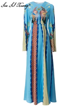 Seasixiang Mados Dizaineris Pavasario Vasaros Moterų Suknelė O-Kaklo, ilgomis rankovėmis Povas Spausdinti High Waisted Indie Folk Suknelės