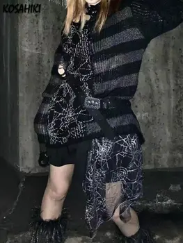 KOSAHIKI Goth Megztinis Dryžuotas Punk Megztinis Moterims Japonijos Harajuku Tuščiaviduriai Iš Spiderweb Akies Megzti Džemperis Y2k Estetinės Viršūnės