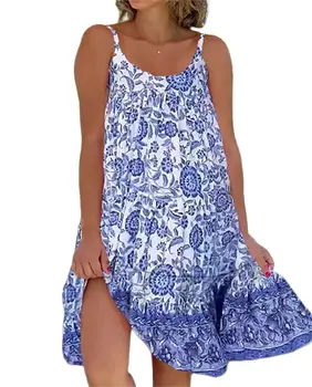 Sexy Diržas Gėlių SunDress 2023 Vasaros Moterų Berankovis Pynimas Šalies Paplūdimio Suknelės atsitiktinis Vestidos Lady Mėlyna Juoda Raudona Suknelė 5xl
