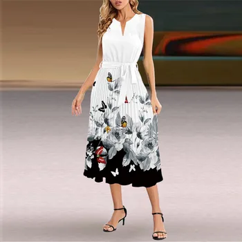 Elegantiškas, Spalvingas Drugelis Spausdinti Suknelės Moterims 2023 Vasaros Rankovių Nėrinių Suknelė Mados Slim Plisuotos Vidurio Ilgio Suknelė