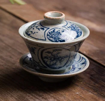 1PCS Derliaus Mažos Mėlynos ir Baltos Gaiwan Kinijos Senovės Glazūra Jingdezhen Teaset Arbatinukas Dubenį Įvairios Arbatos Porceliano Drinkware
